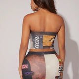 SXY Top bandeau con estampado de letra & Falda ajustada