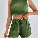 PETITE Top tank crop ribete en forma de lechuga & Shorts