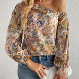 Blusa con estampado de paisley de cuello asimetrico de manga farol