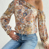 Blusa con estampado de paisley de cuello asimetrico de manga farol