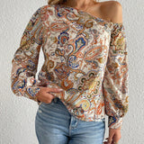 Blusa con estampado de paisley de cuello asimetrico de manga farol