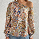 Blusa con estampado de paisley de cuello asimetrico de manga farol