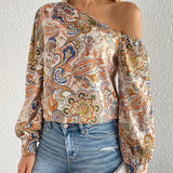 Blusa con estampado de paisley de cuello asimetrico de manga farol