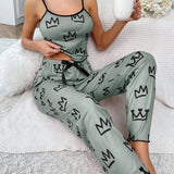Conjunto de pijama con estampado de corona unido en contraste ribete en forma de lechuga