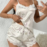 Conjunto de pijama con estampado floral ribete con encaje de pestana de Satin