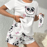 Conjunto de pijama con estampado de panda y slogan con cubierta de ojo