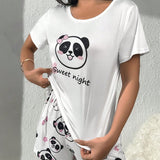 Conjunto de pijama con estampado de panda y slogan con cubierta de ojo