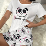 Conjunto de pijama con estampado de panda y slogan con cubierta de ojo