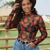 Top de malla con cuello simulado y estampado floral sin sujetador