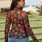 Top de malla con cuello simulado y estampado floral sin sujetador