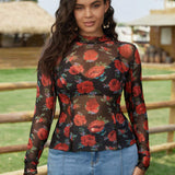 Top de malla con cuello simulado y estampado floral sin sujetador