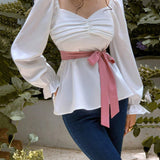 MOD Blusa escote corazon de manga amplia fruncido con cinturon