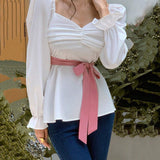 MOD Blusa escote corazon de manga amplia fruncido con cinturon