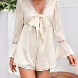 VCAY Guipure Lace Insert Knot Front Flounce Sleeve Romper