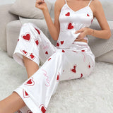 Conjunto de pijama con estampado de corazon de saten
