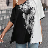 Blusa con estampado floral de cuello asimetrico de manga murcielago