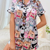 Conjunto de pijama con estampado de dibujos animados ribete en contraste