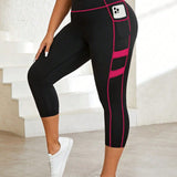 Yoga Basic Talla grande Leggings deportivos con puntada en contraste de cintura ancha con bolsillo para telefono