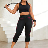 Yoga Basic Talla grande Leggings deportivos con puntada en contraste de cintura ancha con bolsillo para telefono