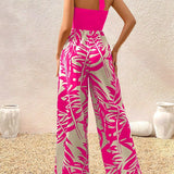 VCAY Tropical Print Tie Backless Halter Jumpsuit