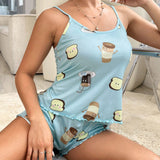 Conjunto de pijama con estampado de dibujos animados ribete en forma de lechuga