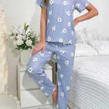 Conjunto de pijama con estampado floral ribete en forma de lechuga