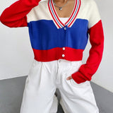 EZwear Cardigan de color combinado de hombros caidos ribete de rayas