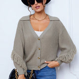 Tall Cardigan con botones y hombros caidos con ribete de flecos