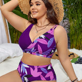 Swim Vcay Conjunto de bikini de cintura alta con estampado de plantas para playa de verano en tallas grandes
