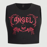 Goth Top de tirantes casual de verano para mujeres de a grande con estampado de calaveras, letras y disenos de vinetas