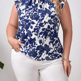 a grande Blusa con estampado floral ribete con fruncido de cuello alto