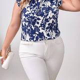 a grande Blusa con estampado floral ribete con fruncido de cuello alto