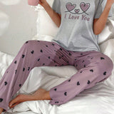 Pantalones de dormir con estampado de corazon de cintura elastica