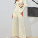 WYWH Cut Out Waist Tassel Hem Wide Leg Jumpsuit