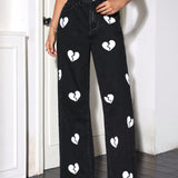 1 Pieza Jeans De Diseno Con Corazon Y Pierna Ancha