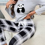 Conjunto de pijama CamiConjuntoa con estampado de panda & Pantalones con estampado de cuadros