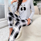 Conjunto de pijama CamiConjuntoa con estampado de panda & Pantalones con estampado de cuadros