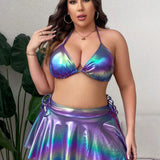 Swim Curve Talla grande Banador bikini triangulo halter holografico con falda de playa