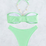 Swim Conjunto de bikini de halter con anillo de verano, busto fruncido y enlazado para playa