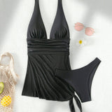 Swim Tankini veraniego liso con pliegues para playa