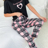 Navidad Conjunto de pijama Camiseta con estampado de corazon y letra & Pantalones con estampado de cuadros
