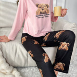 Conjunto De pijama con estampado de oso y eslogan
