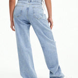 EZwear Jeans de pierna recta de talle alto roto crudo