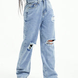 EZwear Jeans de pierna recta de talle alto roto crudo