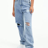 EZwear Jeans de pierna recta de talle alto roto crudo