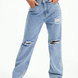 EZwear Jeans de pierna recta de talle alto roto crudo