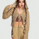 ROMWE Grunge Punk Cardigan crop con cordon delantero de punto de malla con capucha