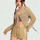 ROMWE Grunge Punk Cardigan crop con cordon delantero de punto de malla con capucha