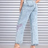 ICON Jeans de pierna recta de talle alto con estampado de dragon chino desgarro