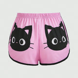 ROMWE Kawaii Shorts de dormir con estampado de dibujos animados unido en contraste